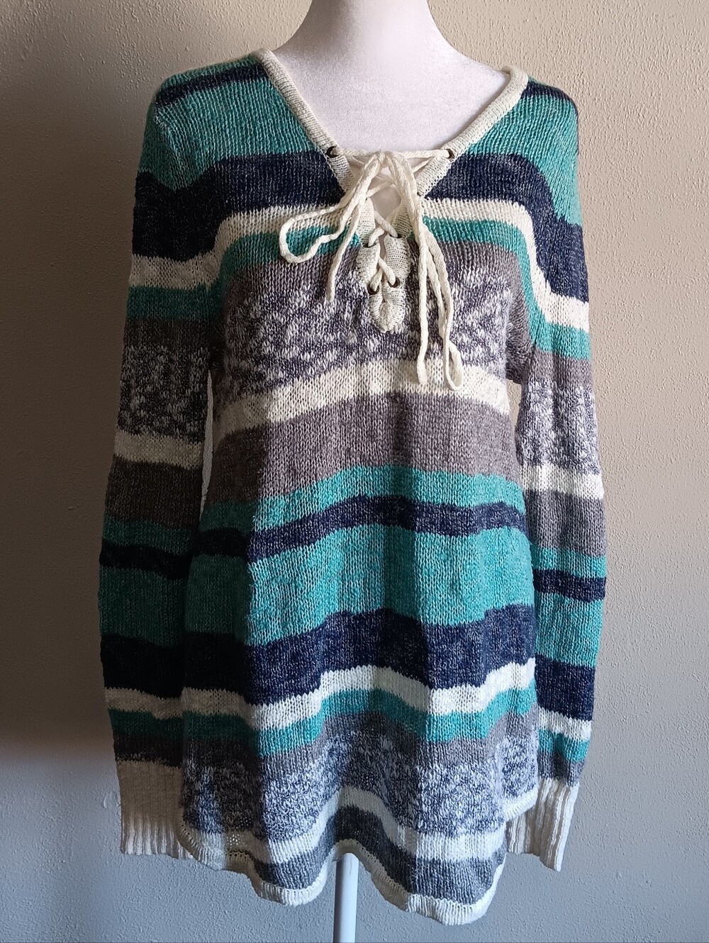 Natural Reflections Striped Lace Up V-Neck Long Tunic Medium Sweater, Teal Gray